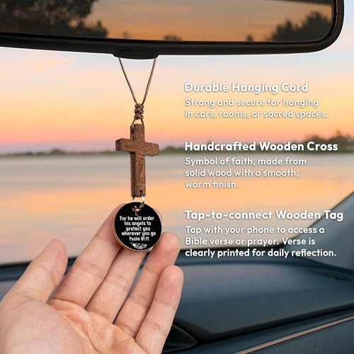 Handmade Wooden Hanging Cross for Car Mirror with Daily Bible Verse Scan