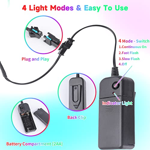 5-Pack 9.8ft EL Wire Neon Glow Rope Lights, Battery Powered for DIY Decor
