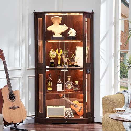 Farmhouse Corner Display Cabinet with Glass Doors and Motion-Sensor LED
