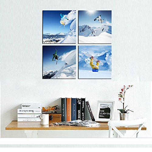LevvArts 12x12x4pcs Snow Mountain Canvas Wall Art Set – Giclee Framed Easy Hang