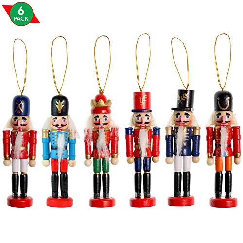 Wooden Christmas Nutcracker Ornaments - 5-Inch Mini Soldier Figures, 6-Piece