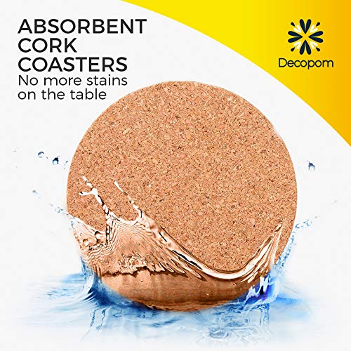 Decopom Cork Coasters Set with Metal Holder - 16 Thick Absorbent 4-inch Drink Coasters for Hot Cold Beverages