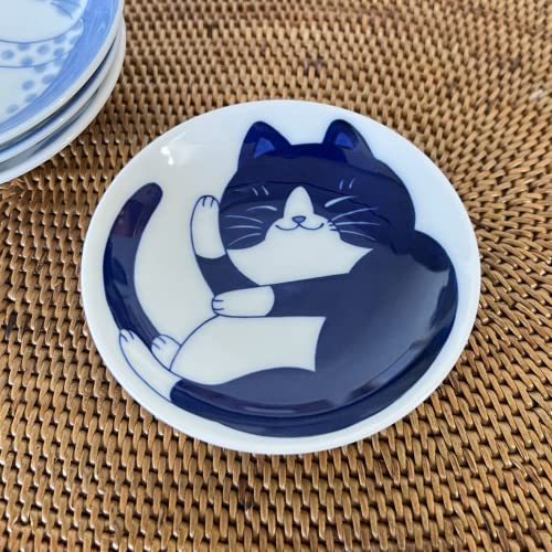 Japanese Ceramic Cat Design Small Plate Set for Soy Sauce & Desserts - Minoyaki, 4 Pcs