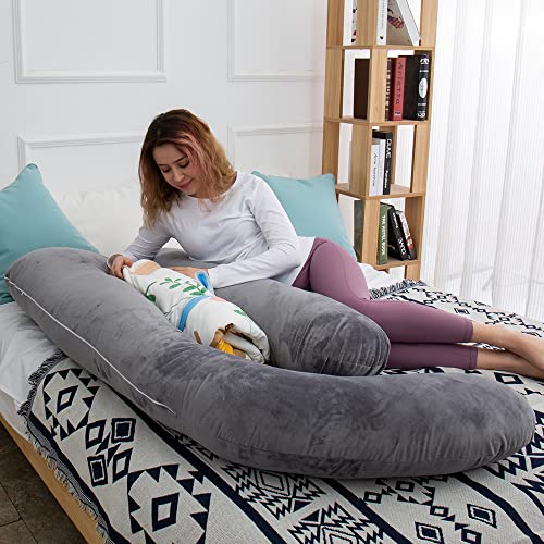 AMCATON 60-Inch U-Shaped Pregnancy Body Pillow with Velvet Cover - Dark Grey