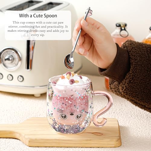 Binoster Glittery Pink Cat Double-Walled Coffee Glass - 230ml-280ml Gift Mug