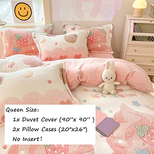 Queen Size Strawberry Duvet Cover Set, 3-Piece Fluffy Faux Fur Bedding