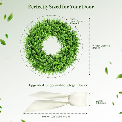24-Inch UV-Resistant Boxwood Wreath for Front Door with Decorative Sash