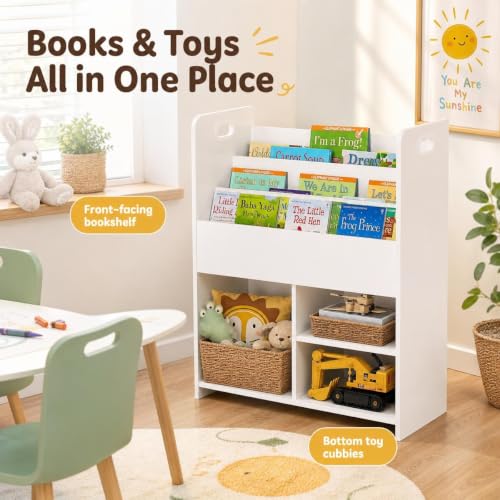 Kids Bookshelf and Toy Organizer, Front-Facing Wooden Storage Rack