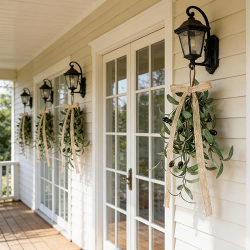 4-Piece Artificial Olive Teardrop Swags with Bows for Wall Sconce Decor