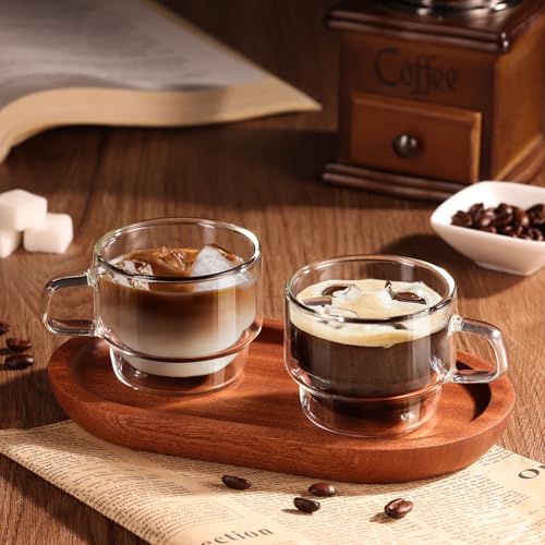 Glastal 4oz Double Wall Glass Espresso Cups Set of 4 - Stackable Borosilicate Coffee Mugs