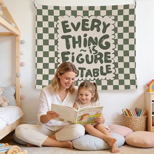 Green Checkered Positive Affirmation Wall Tapestry - 50x60 Inch Wall Decor