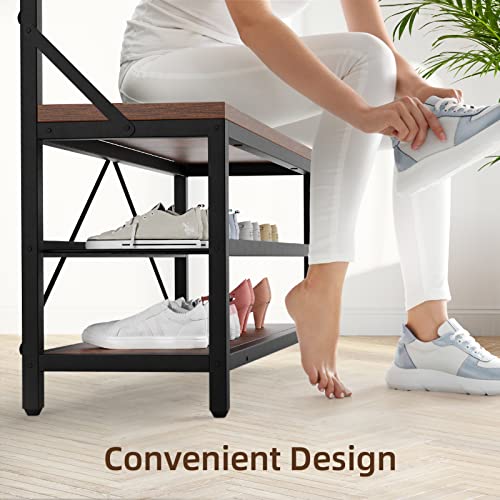 Industrial Hall Tree with Bench and Shoe Storage, 8-Hook Entryway Organizer