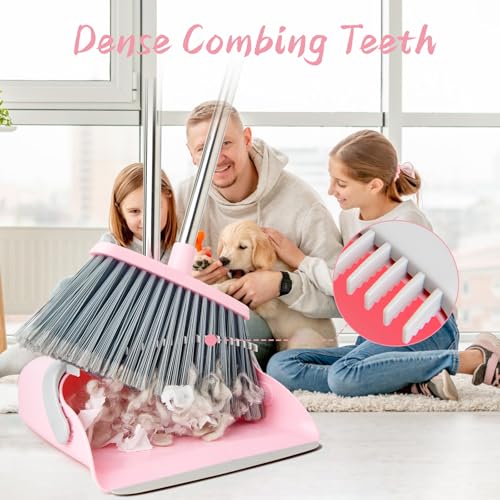Long Handle Broom and Dustpan Set with Self-Cleaning Comb Teeth, Pink Gray