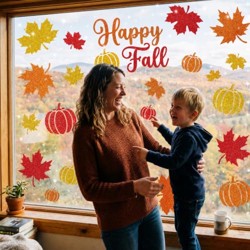 Glitter Fall Window Clings - 6 Sheets Autumn Harvest Thanksgiving Decals