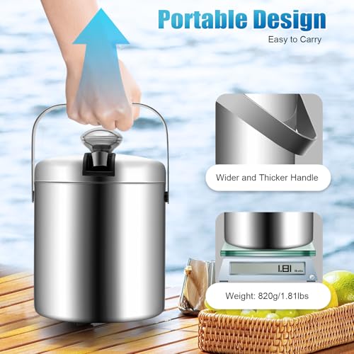 XEJMEOO 1.3L Double Wall Stainless Steel Ice Bucket with Lid & Tongs for Parties