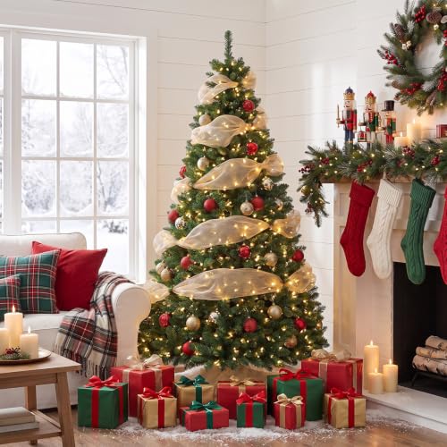 COMHOMA 6 ft Unlit artificial Christmas Tree with PE & PVC Tips – Green with Champagne Gold Ribbon
