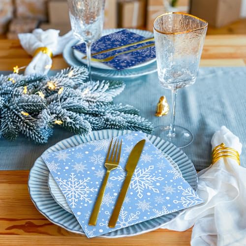 Whaline 150 Pcs Winter Snowflake Napkins — Christmas Blue & White Disposable Dinner & Cocktail Napkins