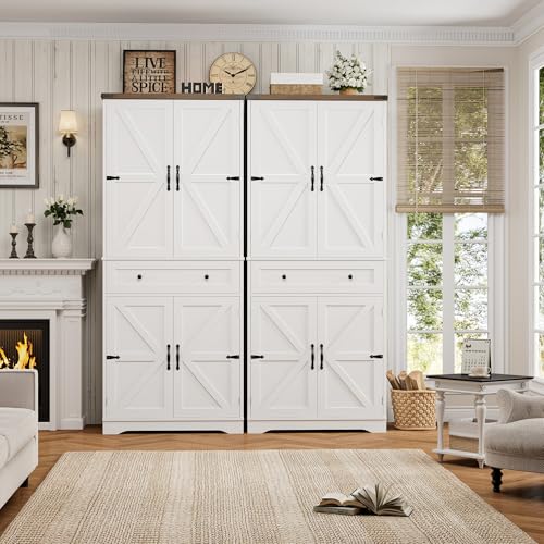 HOSTACK 71-Inch Farmhouse Kitchen Pantry Cabinet White and Rustic Brown, Rustic Storage Cabinet with Barn Doors