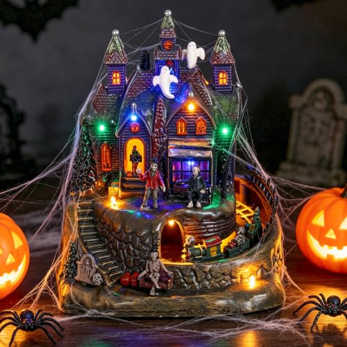 Animated Halloween Village Haunted House with Moving Train and LED Lights