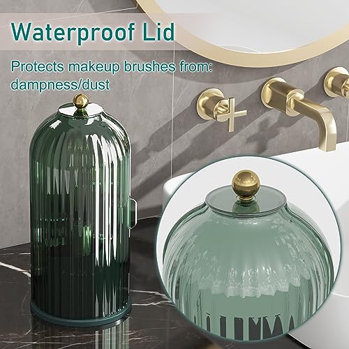 GAXmi Green Rotating Makeup Brush Holder with Lid, Waterproof & Dustproof