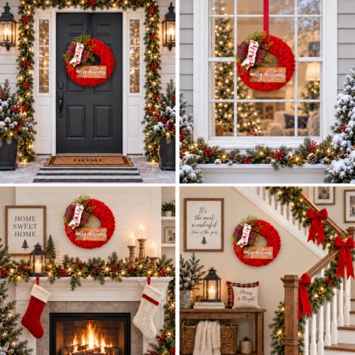 16-Inch Rustic Christmas Wreath for Front Door with Burlap & Wooden Sign