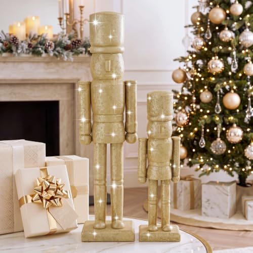 Vicenpal 15in & 10in Gold Glitter Nutcrackers Set - Wooden Christmas Soldier Figurines (2 Pcs)