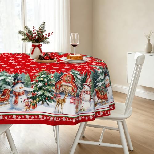 Oval 60x120in Red Snowflake Christmas Tablecloth - Tree, Santa & Gingerbread Design