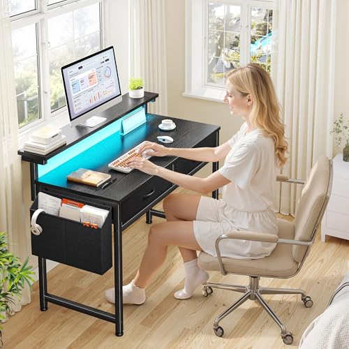 31-Inch Small Computer Desk with LED Lights, 2 Fabric Drawers & Monitor Stand