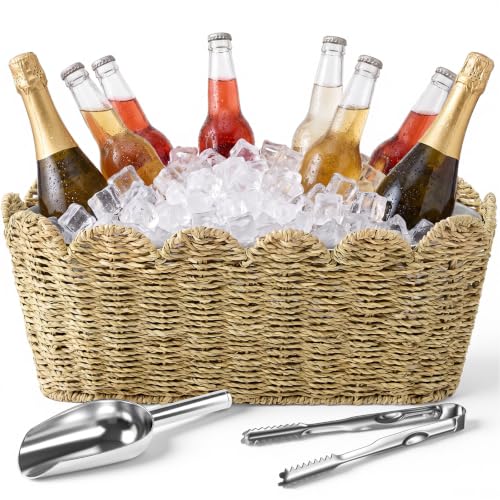 Domensi Scalloped 5 Quart Wicker Ice Bucket with Scoop & Tongs – Rustic Beverage Cooler