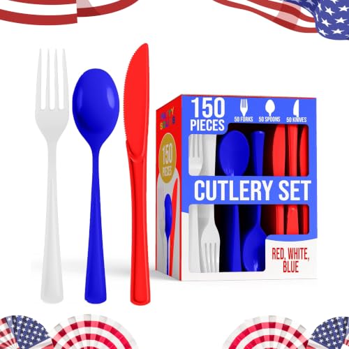Red White Blue Patriotic Plastic Silverware Set 150 Pcs - Disposable Cutlery
