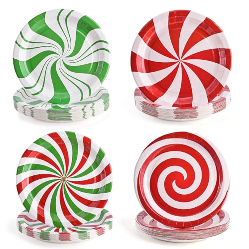 100 Pack Christmas Candy Paper Plates - 9 Inch Disposable Holiday Dinnerware, Red & Green