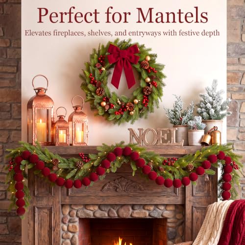 Giegxin 6 ft Burgundy Flocked Velvet Christmas Garland with Red Ornaments