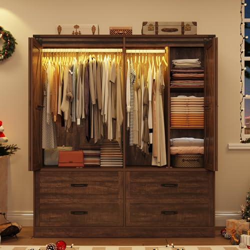 Farmhouse Sliding Barn Door Wardrobe with LED Motion Sensor Lights & Drawers