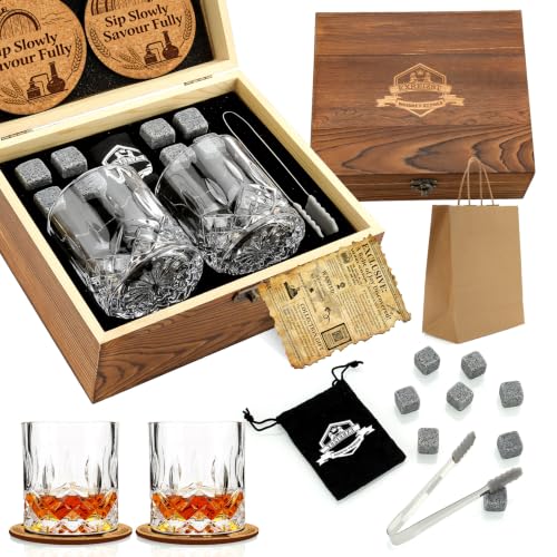 EXREIZST Whiskey Stones Gift Set with 2 Glasses & Wooden Box - Granite Chilling Rocks + Straight Glasses