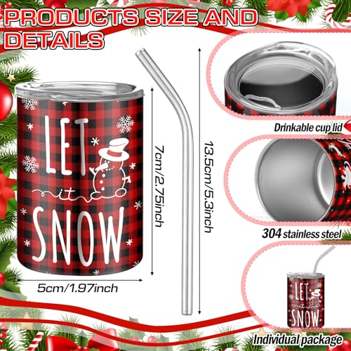 Roshtia Christmas Mini Shot Glass Set with Straw & Lid - 12 Pcs Festive Stainless Steel Tumblers