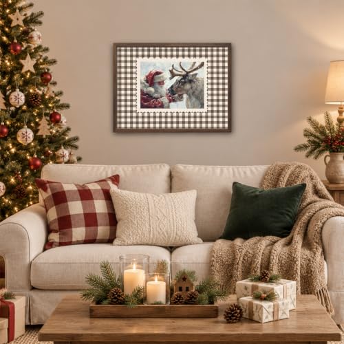 Vintage Santa Claus and Reindeer Wall Art Christmas Print Framed 16L x 12W Brown