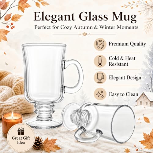 Dicunoy 6-Pack 8oz Clear Glass Irish Coffee Mugs with Handles - Stemmed Pedestal Cups for Cappuccino, Latte, Smoothies, Gift