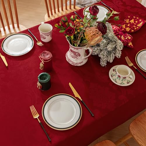 Romanstile 60x84 Inch Waterproof Jacquard Christmas Tablecloth with Red Flowers – Damask Holiday Dinner Cover