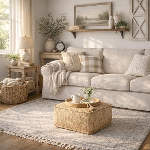 Braided Jute Square Pouf Ottoman - 22-Inch Woven Boho Footrest
