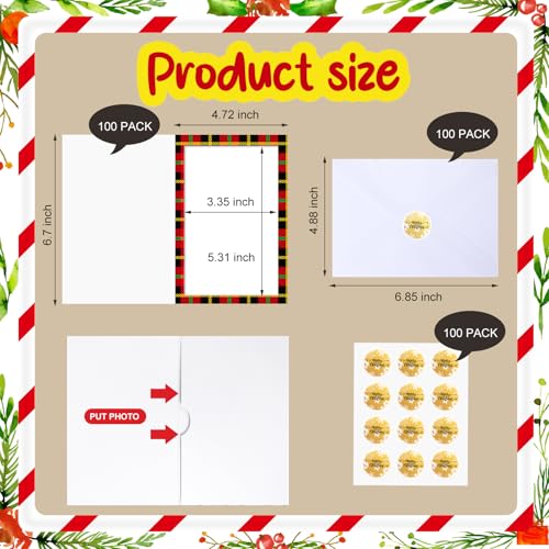 Motiskyy Christmas Plaid Photo Frame Greeting Cards Set with Envelopes, 100 pcs