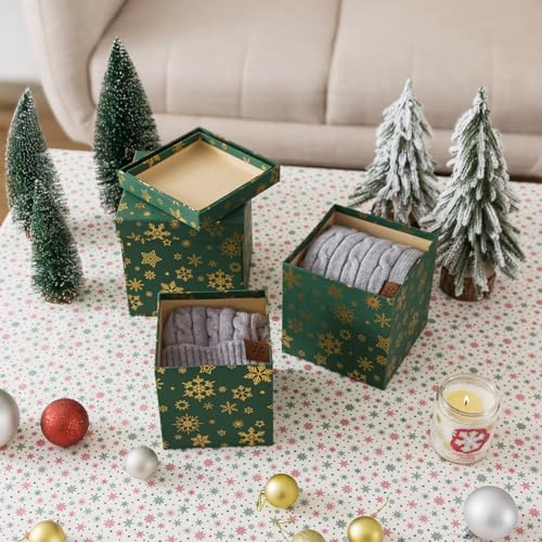 Soul & Lane Christmas Nesting Gift Boxes with Lids - Emerald Snowfall Set of 3, Green Holiday Decor