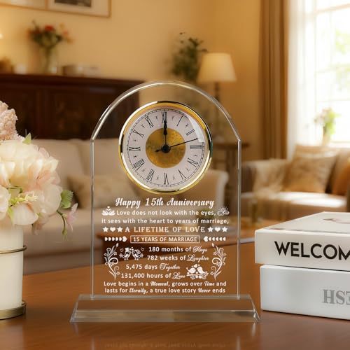 15th Wedding Anniversary Glass Clock Gift for Couples