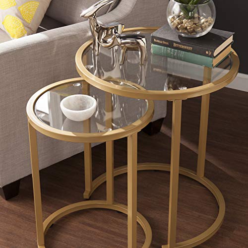 2-Piece Round Nesting Side Table Set, Gold Metal and Glass Accent Tables