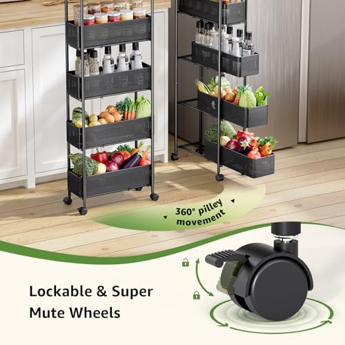 5-Tier Slim Rolling Storage Cart with Pull-Out Baskets and Lockable Wheels