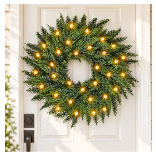 24-Inch Pre-Lit Christmas Wreath with 50 LED Lights for Front Door