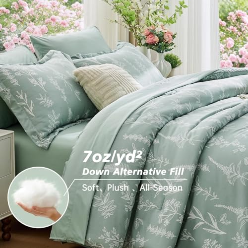 7-Piece Queen Comforter Set Sage Green Botanical Floral Bed in a Bag
