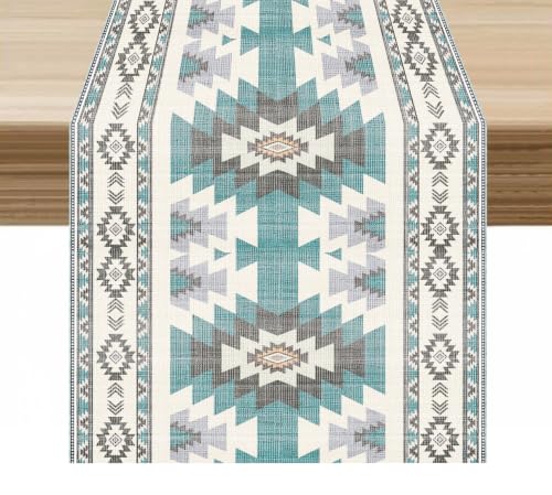 KANEPE Aztec Table Runner 13x36in Blue/White Navajo Tribal Decor for Indoor Outdoor Dining