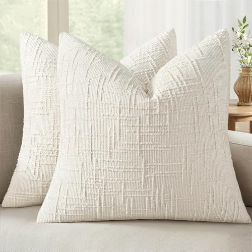 MIULEE Chenille Textured Throw Pillow Covers 18x18 Set of 2 - Cream White