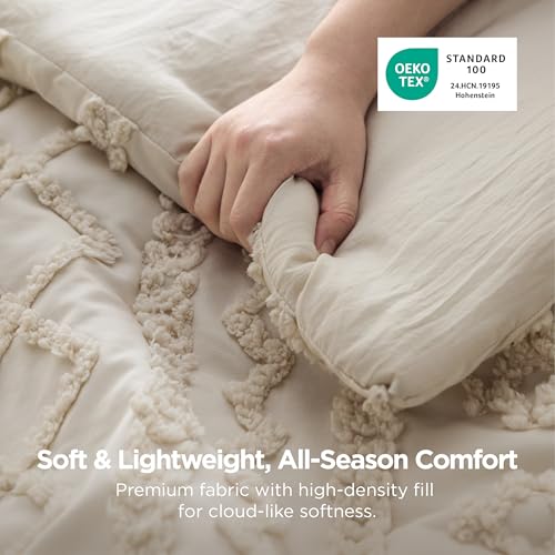 Bedsure Tufted Boho Comforter Set Queen Size - Beige Farmhouse Bedding