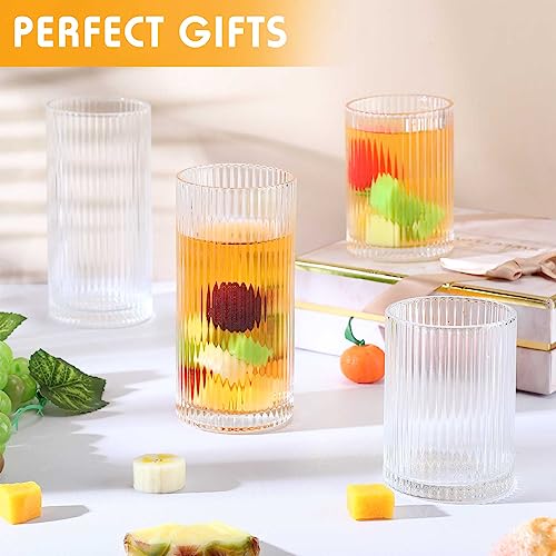 12 Pcs Ribbed Drinking Glass Set - Clear Vintage Highball Glasses 9 oz & 12 oz